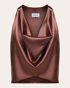 A vision in chocolate brown satin, this Dalood top draws the eye to your décolletage with its draped cowl neckline. Zip closure Draped cowl neckline Satin 100% viscose Dry clean only Fabric sourced from Spain Made in Georgia Size & Fit Model (wearing size S): 5ft 9in tall Fits true to size Size XS (US 4): 31.5in bust, 24.41in waist, 33.86in hips Size S (US 6): 33.07in bust, 25.98in waist, 35.43in hips Size M (US 8): 34.65in bust, 27.56in waist, 37.01in hips Size L (US 10): 36.22in bust, 29.13in Satin Top Outfit Classy, Satin Top Outfit, Cowl Top, Aesthetic Color, Best Friend Outfits, Winter 23, Ladies Blouse Designs, Brown Satin