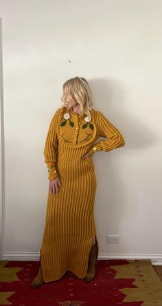 Vintage 70s knit maxi  dress Size: S Pit to pit: 17' Length: 60" Tag:  none Condition: very good vintage condition Maxi Dress Vintage, Crochet Maxi Dress, Knit Maxi Dress, Crochet Maxi, Yellow Knit, Vintage Maxi Dress, Maxi Knit Dress, Vintage Knitting, Vintage Crochet