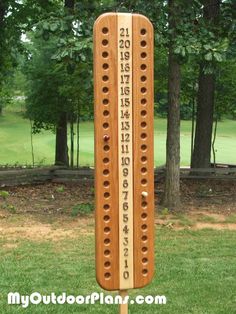 a large wooden ruler with numbers on it in the grass near some trees and bushes