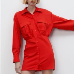 Size Xs Color Red New With Tags Zara Poplin Shirt, Zara Red Dress, Zara Printed Dress, Poplin Shirt Dress, Shirt Mini Dress, Zara Mini Dress, Red Shirt Dress, Poplin Dress, Short Sleeve Mini Dress