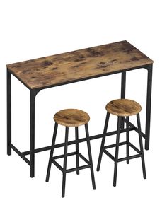 the table and stools are made out of wood with metal frame legs on each side