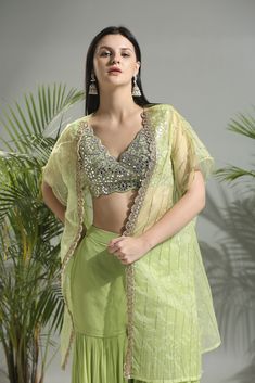 Olive Green raw blouse with mirror and pearl hand embroidery, paid with Olive Green georgette sharara pants and organza cape jacket Green Sharara, Organza Cape, Georgette Sharara, Sharara Pants, Lehenga Suit, Cape Jacket, Wedding Tags, Sharara Set, Anarkali