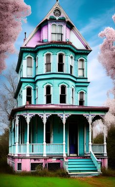 a blue and pink house with trees in the background