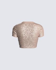 Lights, camera, sparkle ✨ Let your baddie vibes shine in this beige sequin cropped top. Made from stretch sequin fabric, and complete with short sleeves, a form-fitting style, and a contrast rib neckband 🤩 Fitted Crew Neck Crop Top For Party, Spring Party Crop Top With Crew Neck, Contrast Sequin Cropped Top For Evening, Cropped Crop Top With Contrast Sequin For Evening, Evening Sequined Crop Top, Evening Sequin Crop Top, Fitted Crew Neck Crop Top For Club, Evening Sequined Stretch Crop Top, Evening Sequin Stretch Crop Top