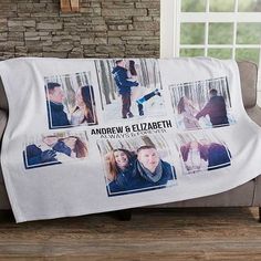 a white blanket with photos of two people and the words, andrew & elizabeth on it