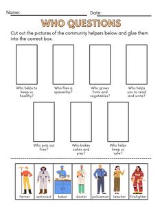 Immerse your students in the world of community helpers with our interactive Who Questions Worksheet! This engaging resource challenges young learners to apply their fine motor skills and cognitive abilities as they answer questions about different community helpers. Students use their scissors skills to cut out pictures of community helpers and then match them to the corresponding question, encouraging critical thinking and visual discrimination. It is part of our comprehensive Community Helpers Curriculum on available on my page. Who Questions Worksheet, Speech Therapy Free, Who Questions, Scissors Skills, Community Helpers Worksheets, Speech Therapy Worksheets, Kindergarten Prep, After School Routine, Community Helper