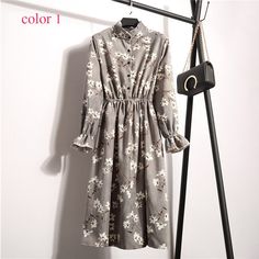 FREE SHIPPING Corduroy High Elastic Waist Vintage Thick Winter Dress A-line Style JKP3535 Gray A-line Winter Dresses, Fall Floral Print Dress With Stand Collar, Spring Cotton Dress With Stand Collar, Knee-length Cotton Winter Dress, Casual Fall Dresses With Stand Collar, Winter Cotton Dress With Floral Print, Winter Knee-length Cotton Dress, Fall Daywear Dresses With Stand Collar, Winter Cotton Knee-length Dress