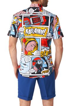 Pop-art cartoons bring color and excitement to a shirt made of crisp, cool cotton with a touch of stretch to keep you turning pages. 26 1/2" length; 43" chest (size Medium) Spread collar Short sleeves 97% cotton, 3% spandex Machine wash, line dry Imported Novelty Multicolor Tops With Character Print, Casual Multicolor Shirt With Cartoon Print, Summer Pop Culture Graphic Print Shirt, Novelty Short Sleeve Shirt With Graphic Print, Cotton Multicolor Cartoon Print Tops, Cotton Tops With Cartoon Print In Multicolor, Cotton Tops With Multicolor Cartoon Print, Casual Multicolor Character Print Shirt, Pop Culture Printed Cotton Tops