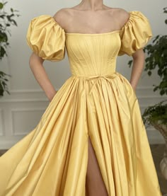 Royal Sunshine Gown - Teuta Matoshi Belle Aesthetic, Straight Wedding Dresses, Modern Disney Princesses, Puff Sleeve Gown, Yellow Gown, Prom Dresses With Pockets, Vintage Fairy, Modern Disney, Princess Aesthetic