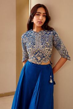 Shop for Osaa by Adarsh Blue Mulberry Silk Embroidered Top And Panel Lehenga Set for Women Online at Aza Fashions Blue Cutdana Blouse For Eid, Semi-stitched Tops For Diwali Reception, Fitted Tops For Diwali Reception, Fitted Tops For Reception During Diwali, Zari Work Top For Navratri Reception, Designer Semi-stitched Tops With Intricate Embroidery, Elegant Art Silk Top With Intricate Embroidery, Zari Work Tops For Reception And Navratri, Festive Raw Silk Tops With Intricate Embroidery