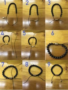 the instructions for making beaded bracelets with beads and metal clasps on wooden table