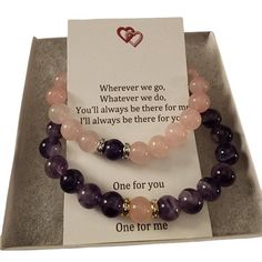 Matching set of gemstone bracelets for couples, friends, or family Remind yourself of the special relationships you have with those that you adore with these couples/distance bracelets. Each set comes in a complimentary gift box with a note that reads: "Wherever we go, Whatever we do, You'll always be there for me I'll always be there for you. One for you One for me" Perfect for gift giving ; Christmas, Valentine's day, Birthday, long distance relationships or just friendships Purple Dream Lace Amethyst and Pink Rose Quartz  Bracelets are made with high quality, AAA grade genuine natural semi-precious 8mm gemstones and include a magnetic clasp to attach to one another.  (Your choice of silver or gold settings) Available in several sizes.  To determine your size, measure your wrist with a f Amethyst 8mm Beads Jewelry Gift, Spiritual Jewelry With 8mm Beads For Birthday Gift, Natural Stones Bracelets For Mother's Day, Spiritual 8mm Beads Jewelry For Birthday Gift, Natural Stone Bracelets For Mother's Day Gifts, Mother's Day Gift Bracelets With Natural Stones, Rose Quartz 8mm Bead Jewelry As Gift, Rose Quartz 8mm Beads Jewelry Gift, Rose Quartz Gemstone Beaded Bracelets As Gift