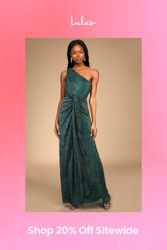 Shine for the night with the Lulus Glamorous Glitz Shiny Teal Green One-Shoulder Maxi Dress! Metallic lurex fabric shapes this eye-catching dress that has a single wide strap, a one-shoulder neckline, and a relaxed bodice. A knotted detail at the front drapes down the front of the maxi skirt. Hidden back zipper/clasp. Fit: This garment fits true to size. Length: Floor length. Size medium measures 58" from shoulder to hem. Bust: Great for any cup size. Waist: Fitted - very fitted at natural waist. Hip: Not Fitted - fuller skirt allows room for hips. Undergarments: May be worn with a strapless bra, adhesive bra, petals, or no bra. Fabric: Fabric has some stretch. Lined. Shell: 55% Metallic, 45% Polyester. Lining: 100% Polyester. Hand Wash Cold. Do Not Bleach. Hang To Dry. Imported. Lulus | G Glamorous Off-shoulder Evening Dress For Date Night, Green One Shoulder Maxi Dress For Night Out, Green One-shoulder Evening Dress For Night Out, One-shoulder Green Evening Dress For Night Out, Glamorous One Shoulder Maxi Dress For Night Out, Glamorous Green Evening Dress For Night Out, Glamorous Green Evening Maxi Dress, Elegant Green One Shoulder Party Dress, Glamorous Green Maxi Dress For Party Season