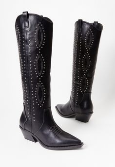 Material: Faux Leather Heel Height: 2.25" Shaft Height: 16.0" Closure: Functional Inside Zipper Imported. Stud Female, Buckle Bunny, Black Stud, Wide Width Shoes, Faux Leather Heels, Western Boot, Cowboy Western, Shoe Dazzle, Up Shoes