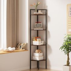 a corner shelf in the corner of a room with a potted plant next to it