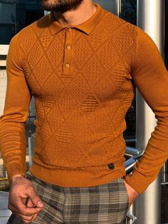 Calvin Slim-Fit Polo Collar Knitwear Sweater Camel-baagr.myshopify.com-sweatshirts-BOJONI Peach Sweater Outfit, Sweater Outfit Men, Polo Knit Sweater, Mens Long Sleeve Shirts Casual, Peach Sweater, Camel Sweater, Older Mens Fashion, Polo Knit, Classy Outfits Men