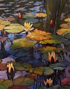 a painting of water lilies and lily pads