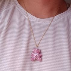 18k Yellow Gold Pink Teddy Bear Necklace Swarovski Rhinestones Rope Chain Sz 20" Lightweight Chain Approx 1.0g 18k Gold Pendant Is Swarovski Stone And Rhinestones Unbranded Jewelry Stamped Au750 750 18k Pawnable Gold Pink Cubic Zirconia Rhinestone Necklace As Gift, Luxury Pink Jewelry With Chain, Pink Cubic Zirconia Pendant Necklace, Luxury Pink Chain Necklace, Pink Cubic Zirconia Clavicle Necklace, Pink Chain Necklaces For Gifts, Luxury Pink Crystal Jewelry, Pink Diamond Necklaces For Gifts, Pink Gold-plated Jewelry With Adjustable Chain