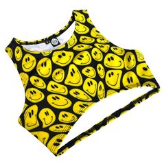 YELLOW HAPPY Includes an sporty crop top with option of Underboob!  YELLOW HAPPY is a 4-way stretch polyester spandex blend, which fits tight and stretches to include a variety of body types. Fabric pattern can vary from item to item. Click the link for the matching bottoms- https://www.etsy.com/listing/1443154741/yellow-smiley-cut-out-flare-bell-bottom?click_key=210f14d2d681ddc8d2d01df2b403294db38ea495%3A1443154741&click_sum=379358a8&ref=shop_home_active_14&frs=1&sts=1 Our products are made to Trendy Summer Sports Crop Top, Trendy Sports Crop Top, Playful Fitted Sports Top, Trendy Summer Sports Bra For Streetwear, Trendy Sports Bra For Summer Streetwear, Trendy Streetwear Sports Bra For Summer, Trendy Summer Streetwear Sports Bra, Trendy Sports Crop Top With Graphic Print, Trendy Cropped Activewear For Summer