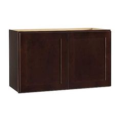 a brown cabinet with two doors on the front and one door open to reveal a sink