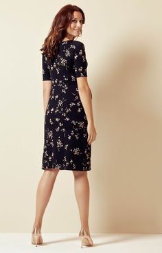 The classic high neckline and elbow length sleeves give our Anna maternity shift dress a lovely vintage feel. Cut to the knee, perfect for the office with plenty of stretch to evolve with you and your growing curves. Our new Night Blossom print features sprigs of pink and white florals on a sumptuous black Jersey background using premium French fabric. Tea with the girls or conference dinners, Anna takes you from day to night with comfortable chic. - Black blossom print - High neckline - Knee le Elegant Knee-length Floral Print Short Sleeve Dress, Jersey Background, Rose Tiffany, Maternity Wedding Dresses, Maternity Shift Dress, Maternity Wedding, Tiffany Rose, Pregnant Wedding, Pregnant Wedding Dress