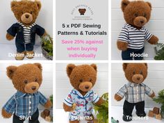 four pictures of teddy bears with different patterns and materials to sew each bear has the same shirt on