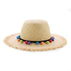 Raffia Panama Hat with Colorful Pompom Tassel Belt-Hats-Innovato Design-White-Innovato Design Beachy Straw Hat For Summer Vacation, Beachy Summer Hat For The Beach, Beachy Hat For Summer Beach Outings, Beachy Hat For Summer Beach, Beachy Summer Straw Hat For Vacation, Beachy Summer Hat For Beach, Beachy Summer Vacation Straw Hat, Casual Straw Hat For Pool And Beach Season, Summer Beachwear Sun Hat For Beach