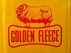 a yellow and red sticker with the word golden flee on it's side