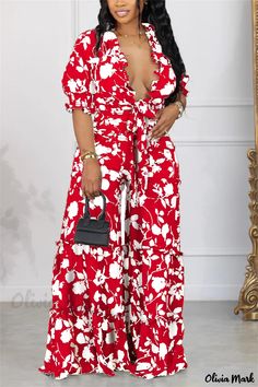 Olivia Mark - Floral Patchwork Print Smocking Two-Piece Set with V-Neck and Half Sleeves V-neck Jumpsuits And Rompers With Smocked Back For Vacation, Red Floral Print Short Sleeve Jumpsuits And Rompers, Red Printed V-neck Jumpsuits And Rompers, Red V-neck Jumpsuits And Rompers, Casual Red Ruffled Jumpsuits And Rompers, Casual Red Jumpsuits And Rompers With Ruffles, Red Printed V-neck Jumpsuit, Red Printed V-neck Jumpsuit Or Romper, Red Floral Print Jumpsuit With V-neck