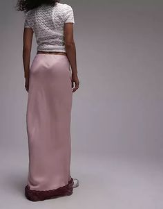 Topshop satin bias maxi skirt in pink with burgundy lace | ASOS Satin Maxi Skirt, Silk Maxi Skirt, Cocktail Dress Formal, Lace Styles, Burgundy Lace, Satin Midi Skirt, Silk Maxi, Satin Maxi, Lace Hem