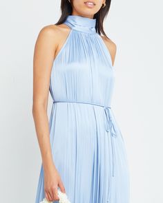 Product Details Look effortlessly elegant in this luminous blue dress. Done with adjustable ties and a beautifully pleated skirt.- Back necktie- Waist tie- Content: 100% Polyester Style# T22WDR12012N Fit Notes - Model wearing a size S- Model measurements: Height: 5'10.5" Bust: 32" Waist: 25.5" Hips: 34.5" Size Length Bust XS 132 108 S 134 112 M 136 116 L 138 120 XL 140 124 Blue Maxi Dress With Pleated Back For Formal Occasions, Blue Pleated Back Dress For Evening, Blue Evening Dress With Pleated Back, Chic Light Blue Tie Back Dress, Chic Blue Midi Dress With Pleated Bodice, Chic Light Blue Tie-back Dress, Chic Light Blue Dress With Tie Back, Blue Party Midi Dress With Tie Back, Summer Evening Dresses With Tie Neck