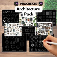 a person holding a pen and drawing on a piece of paper with the text procreate architecture pack