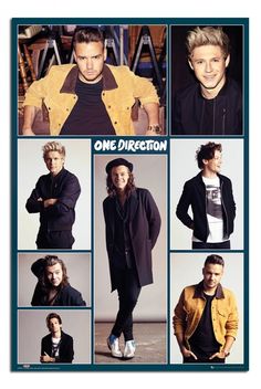 the one direction poster is shown with many different people in black and yellow outfits, including two