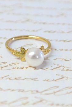 Gold Leaf Pearl Ring, Pearl Engagement Ring, Pearl Bridesmaid Jewelry, Stacking Ring, Greek Ring, Pe Elegant Pearl Ring With Halo For Wedding, Wedding Jewelry Open Ring With Solitaire, Elegant Open Ring For Wedding, Solitaire Open Ring Wedding Jewelry, Dainty Pearl White Ring For Anniversary, White 14k Gold Wedding Jewelry, Fine Jewelry Open Ring For Wedding, Halo Pearl Ring For Wedding, Round Cut, Wedding Pearl Ring With Halo Round Cut