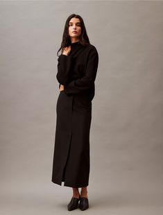 Structured Stretch Skirt | Calvin Klein Fitted Maxi Skirt For Fall Workwear, Sleek Midi Skirt, High Waist Skirt With Split Design For Work, Structured Fitted Skirt For Evening, Modern Midi Skirt For Evening, Chic Evening Pencil Skirt For Fall, Chic Fall Evening Pencil Skirt, Asymmetrical Workwear Skirt, Modern Asymmetrical Skirt For Office