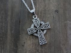 Celtic cross necklace,  sterling silver Celtic Trinity Knots cross, Choose Your chain, mens Celtic Cross . Silver Cross on Leather. 2168 Celtic Signs, Silver Cross Jewelry, Celtic Cross Necklace, Boys Gift Ideas, Ancient Ireland, Celtic Trinity Knot, Jewelry Chains, Sterling Silver Cross Necklace, Boys Gift