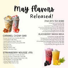 the menu for may flavors is shown in black and white, with different types of drinks