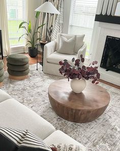 a living room filled with furniture and a fire place in the middle of the room