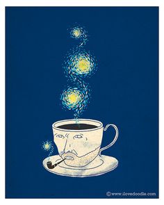 Van Gogh Coffee Art Print, Stars In The Sky, Love Doodles