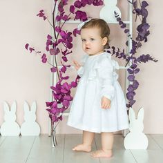 Girls dress made of 100% linen. Long sleeve. All items are handmade and unique, therefore pattern placements may vary slightly from the item pictured. You can buy the same color headband here https://www.etsy.com/uk/listing/871506857/organic-linen-hair-bow-for-girl-or-baby?ref=shop_home_active_10 Sizing Guidelines (runs big and fits better on a maximum age range indicated, if between sizes better size down): 1-3 month (62cm/24.4in. height; 43cm/16.9in chest) 3-6 month (68cm/26.7in. height; 45cm/ Cute White Dresses For Easter, Elegant Dress For First Birthday In Spring, Cute White Easter Dresses, Cute Baptism Dresses For Easter, Cute Ruffled Dress For Baptism, Elegant Spring Dress For First Birthday, Cute Dresses For Baptism And Easter, Spring Baptism Dress With Long Sleeves And Ruffles, Long Sleeve Cotton Birthday Dress