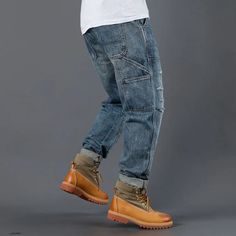 American Washed Ripped Loose Multi Pocket Straight Jeans Casual Dark Wash Jeans With Zipper, Casual Denim Jeans With Zipper Closure, Casual Zip Fly Jeans For Fall, Baggy Casual Jeans For Outdoor, Casual Medium Wash Pants With Zipper Closure, Casual Winter Cargo Jeans In Denim, Winter Casual Cargo Jeans In Denim, Casual Winter Cargo Jeans, Casual Denim Pants For Outdoor