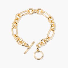 Feel beautiful wearing our Monroe Toggle Bracelet, crafted from a luxe link chain with an easy toggle closure. Dare to stand out wearing the perfect balance of contemporary and classic style in gold. Make the Monroe Toggle Bracelet your signature accessory and be surprised by the endless compliments you receive. Dare to shine with Monroe. Available in 14k gold plated brass 7" link chain 1/2" toggle closure SKU: BYB1171 Timeless Toggle Necklace With Adjustable Chain, Elegant Oval Link Chain Bracelet With Toggle Clasp, Elegant Gold-tone Bracelet With Toggle Clasp, Chic Metal Paperclip Bracelet With Adjustable Chain, Adjustable Oval Link Chain Bracelet With Toggle Clasp, Elegant Gold Chain Bracelet With Toggle Clasp, Chic Gold Bracelet With Rectangular Links, Elegant Gold Link Bracelet With Toggle Clasp, Gold Bracelet With Toggle Clasp