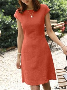 Olivia Mark - Round-Collared, Pure-Colored Cotton and Linen Dress with Hollowed-Out Back Elegant Summer Dresses, Loose Midi Dress, Sundress Summer, Dress Sleeve Styles, Cotton Linen Dresses, Short Sleeve Maxi Dresses, Women Long Sleeve Dress, Vestidos Vintage, Crewneck Dress