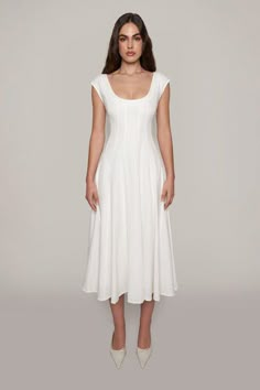 Leila Dress White Graduation Dress Midi, Chic Midi Length Seamed Dresses, Spring Midi Seamed Dresses, Spring Midi Length Seamed Dresses, Chic Seamed Midi Length Dress, Fitted Linen Dress With Square Neck For Spring, Fitted Square Neck Linen Dress For Spring, Fitted Linen Square Neck Dress For Spring, Midi Length Linen Dress For Daywear