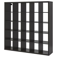 a black bookcase with four shelves on each side