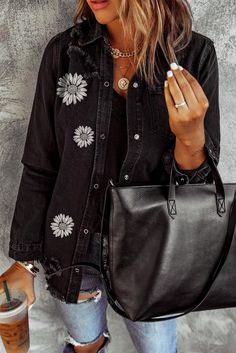 Black Floral Laser Etching Daisy Pattern Distressed Denim Jacket Dreadlock Beads, Bohemian Beach, Knit Infinity Scarf, Distressed Denim Jacket, Daisy Pattern, Black Denim Jacket, Laser Etching, Daily Style, Jackets Online