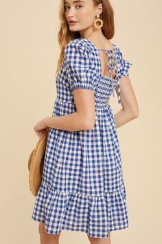 Picnic Dress With Tie Back And Square Neck, Square Neck Tie-back Dress For Picnic, Square Neck Sundress For Picnic, Square Neck Tie Back Dress For Picnic, Square Neck Dress With Tie Back For Picnic, Casual Lined Dresses With Square Neck, Casual Square Neck Mini Dress For Picnic, Casual Lined Square Neck Dress, Gingham Mini Dress With Ruffles And Square Neck