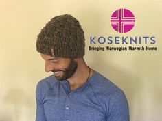 a man wearing a knitted hat with the koseknits logo on it