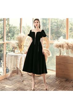 Shop simple velvet tea length black party dress with square v neck online. Sheprom offers formal or casual style dresses to fit your special occasions. Elegant Black A-line Velvet Dress, Chic Black Velvet V-neck Dress, Elegant Velvet Midi Cocktail Dress, Elegant Velvet Dress For Formal Party Season, Elegant Velvet Formal Dress For Party Season, Elegant Knee-length Velvet Dress For Formal Occasions, Elegant Midi-length Velvet Dress For Night Out, Elegant Velvet Dress With Square Neck, Black Velvet V-neck Dress For Night Out