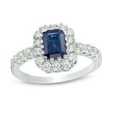 Make a modern proposal with this gorgeous gemstone and diamond engagement ring. Crafted in 14K white gold, this breathtaking design showcases an alluring 7.0 x 5.0mm cushion-cut bright blue sapphire wrapped in a frame of dazzling diamonds. Additional diamonds sparkle along the shank. Captivating with 1/2 ct. t.w. of diamonds and a brilliant buffed luster, this engagement ring is made to shimmer as long as your forever love. Emerald Cut Sapphire Diamond Ring With Center Stone, Emerald Cut Sapphire Ring With Diamond Accent Stones, Emerald Cut Lab-created Sapphire Ring With Diamond Accents, Fine Jewelry Emerald Cut Diamond Ring With Lab-created Sapphire, Elegant Sapphire Cluster Ring In Emerald Cut, Luxury Radiant Cut Sapphire Rings With Diamond Accents, Elegant Sapphire Cluster Ring With Emerald Cut, Emerald Cut Sapphire Ring With Diamond Accents, Formal Emerald-cut Sapphire Ring With Halo Design